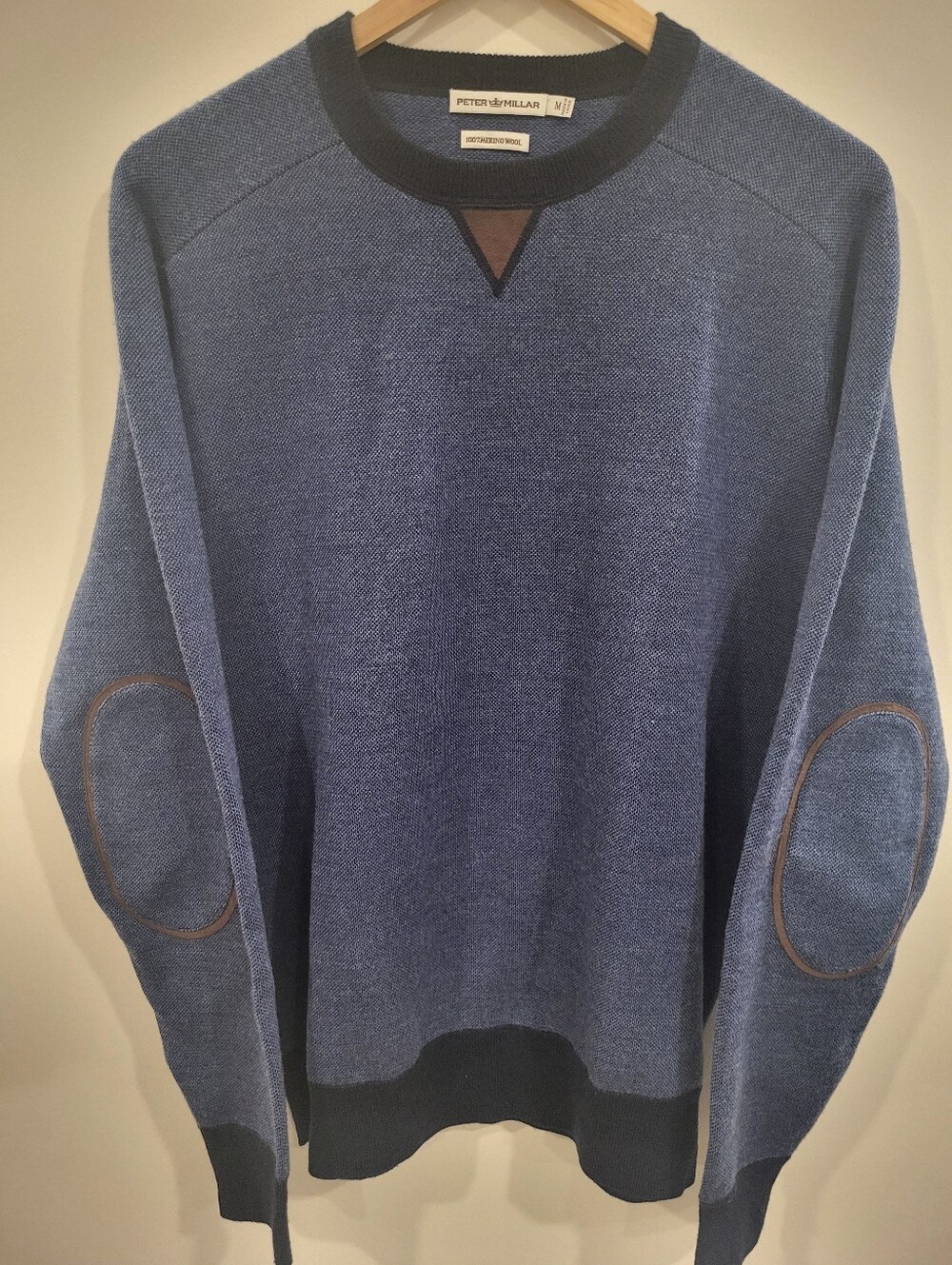 Peter Millar Merino Italian Wool Sweater Blue Elbow Patch Pullover Men’s Medium